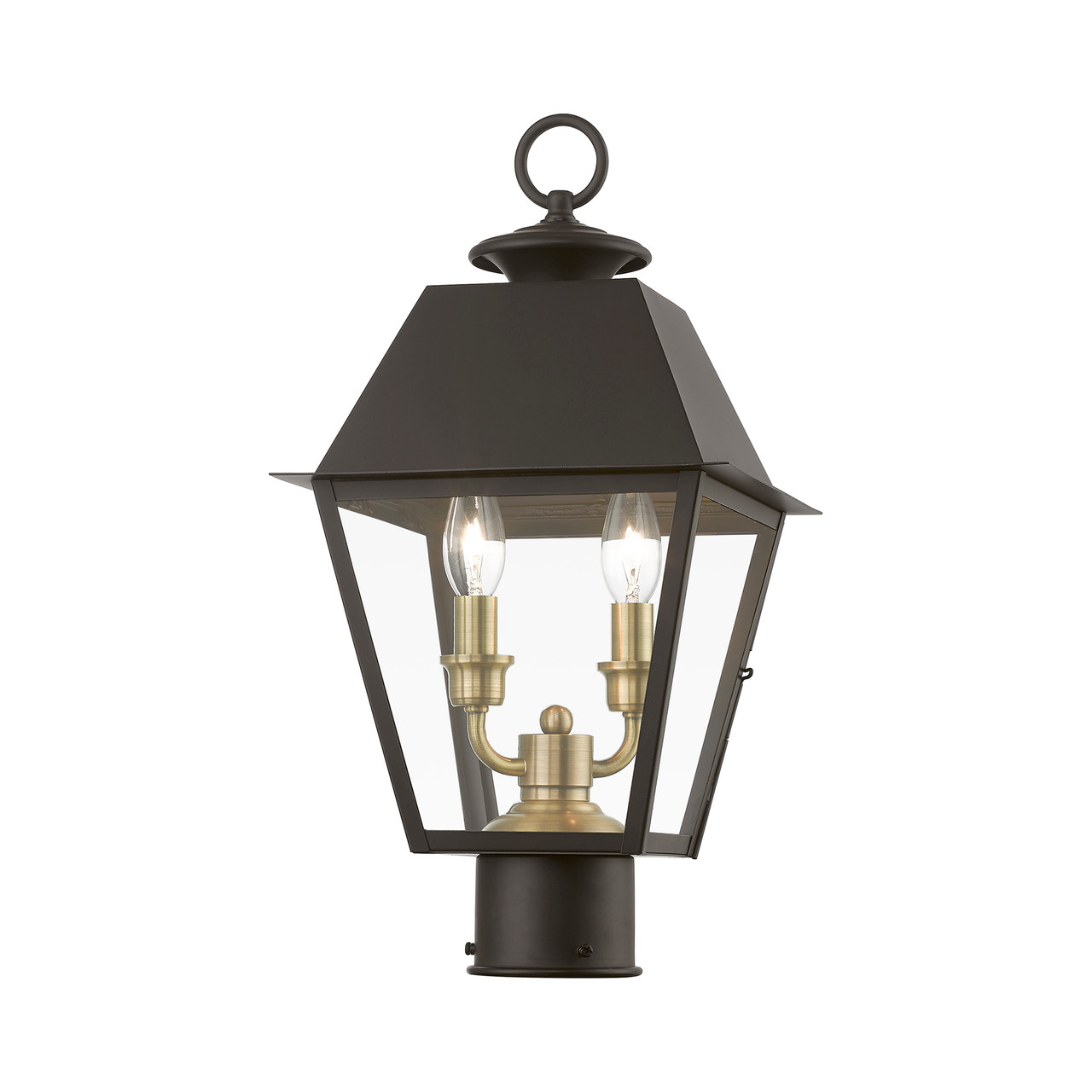 LIVEX LIGHTING 27216-07 2 Light Bronze with Antique Brass Finish Cluster Outdoor Medium Post Top Lantern