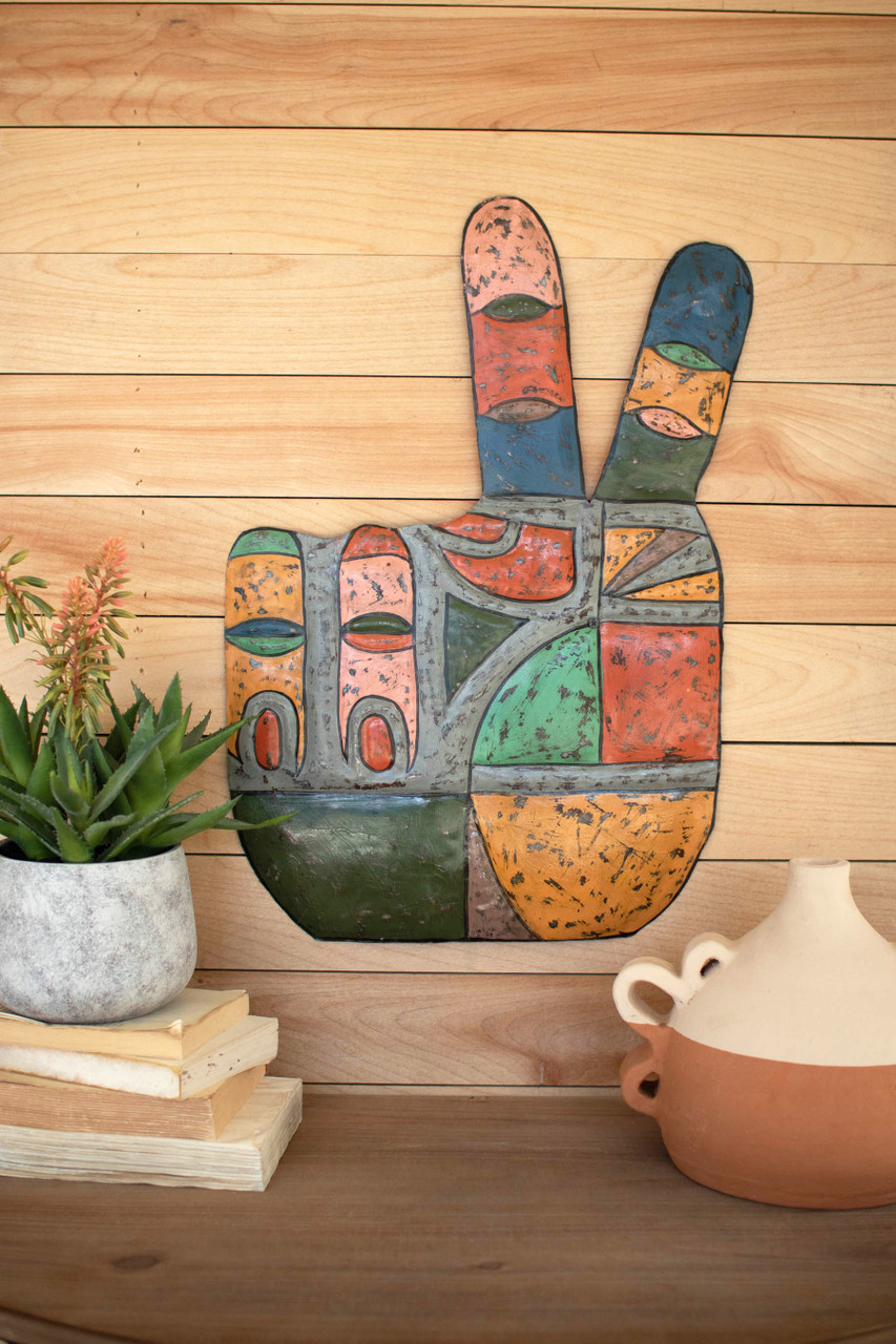 KALALOU A6358 PAINTED METAL HAND PEACE SIGN WALL HANGING