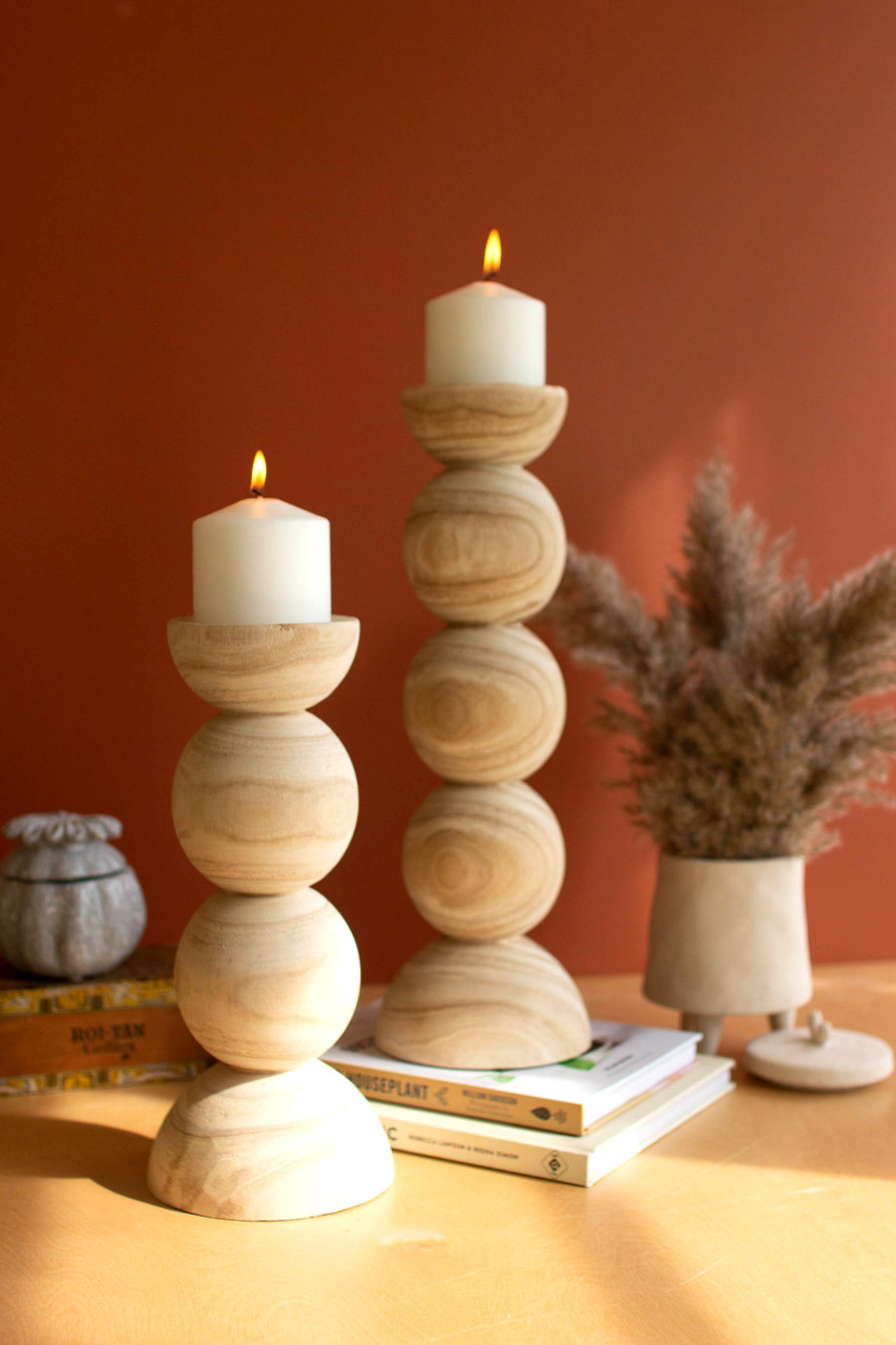 KALALOU CFAN1123 SET OF TWO HAND CARVED WOODEN STACKED BALL CANDLE HOLDERS