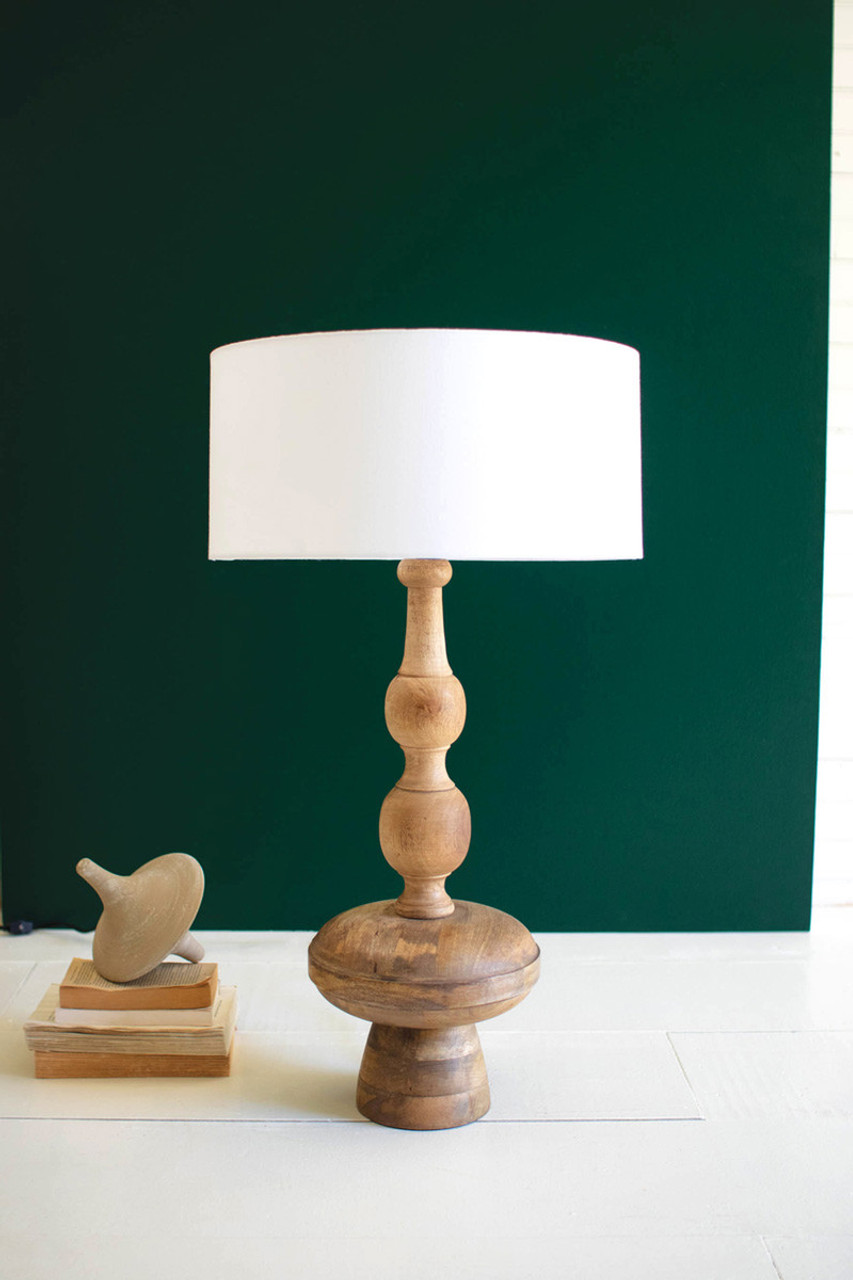 KALALOU NAT1040X CARVED WOODEN TABLE LAMP WITH OF WHITE BARREL SHADE