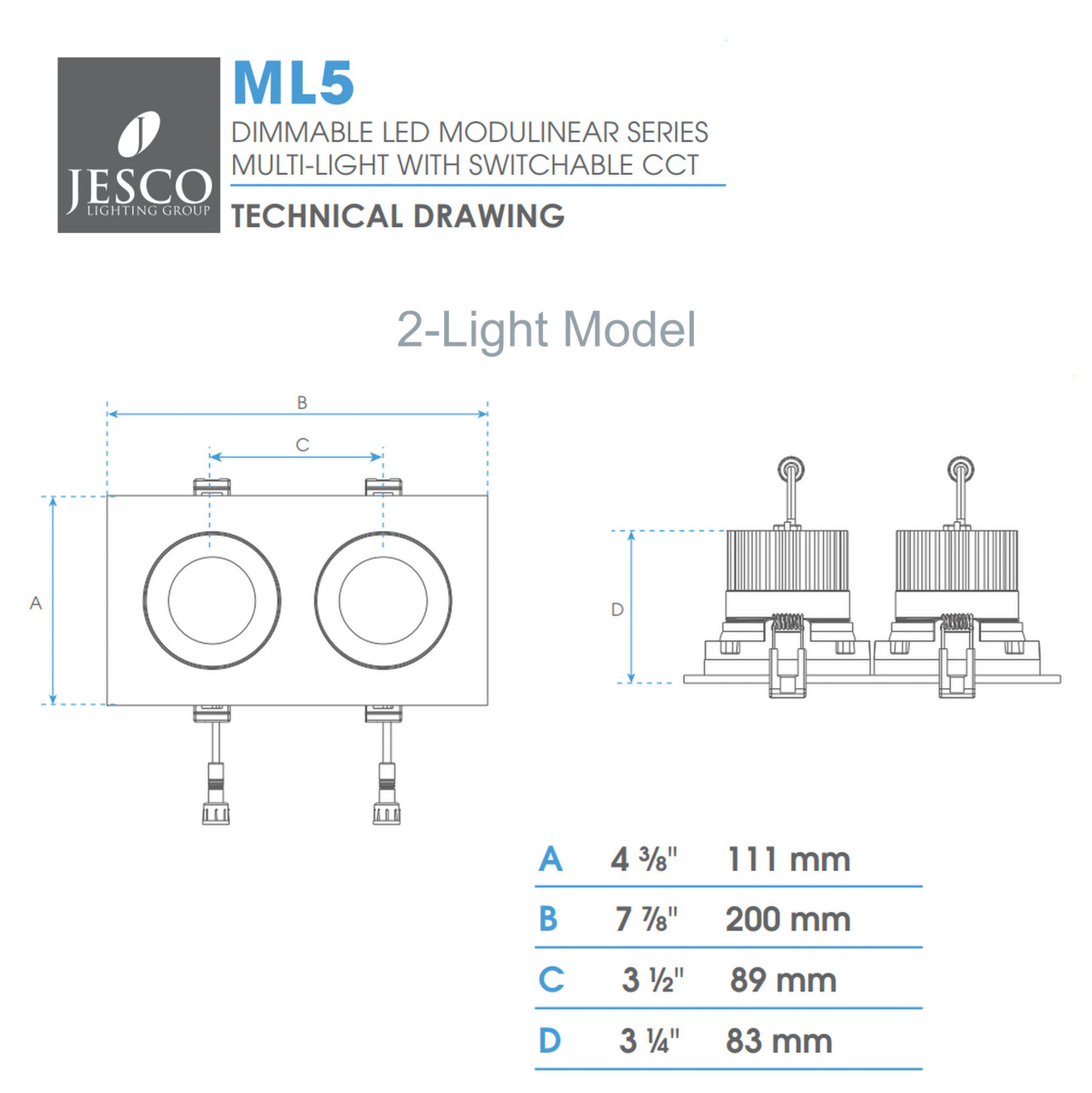 JESCO LIGHTING ML5-2-112M-SW5-WH ML5 2-Light LED Modulinear Recessed 120V 24W Adjustable Color Temperature WH