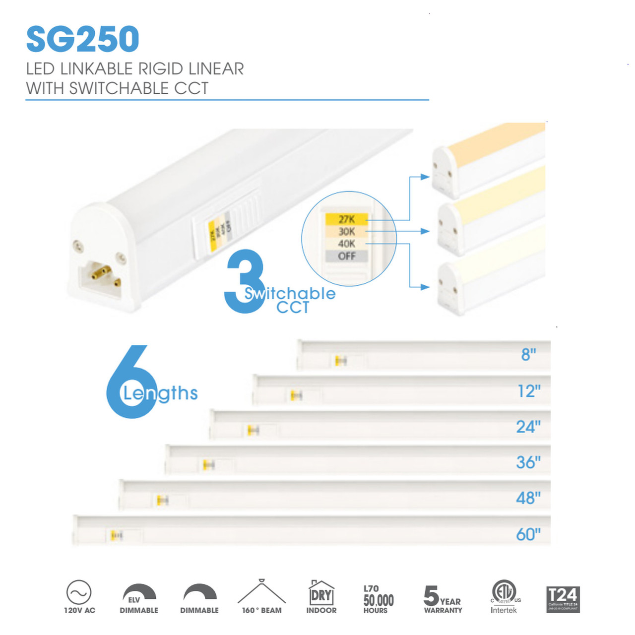 JESCO LIGHTING SG250-60-SWC-WH 60 Inch LED Linkable Rigid Linear with Adjustable Color Temperature