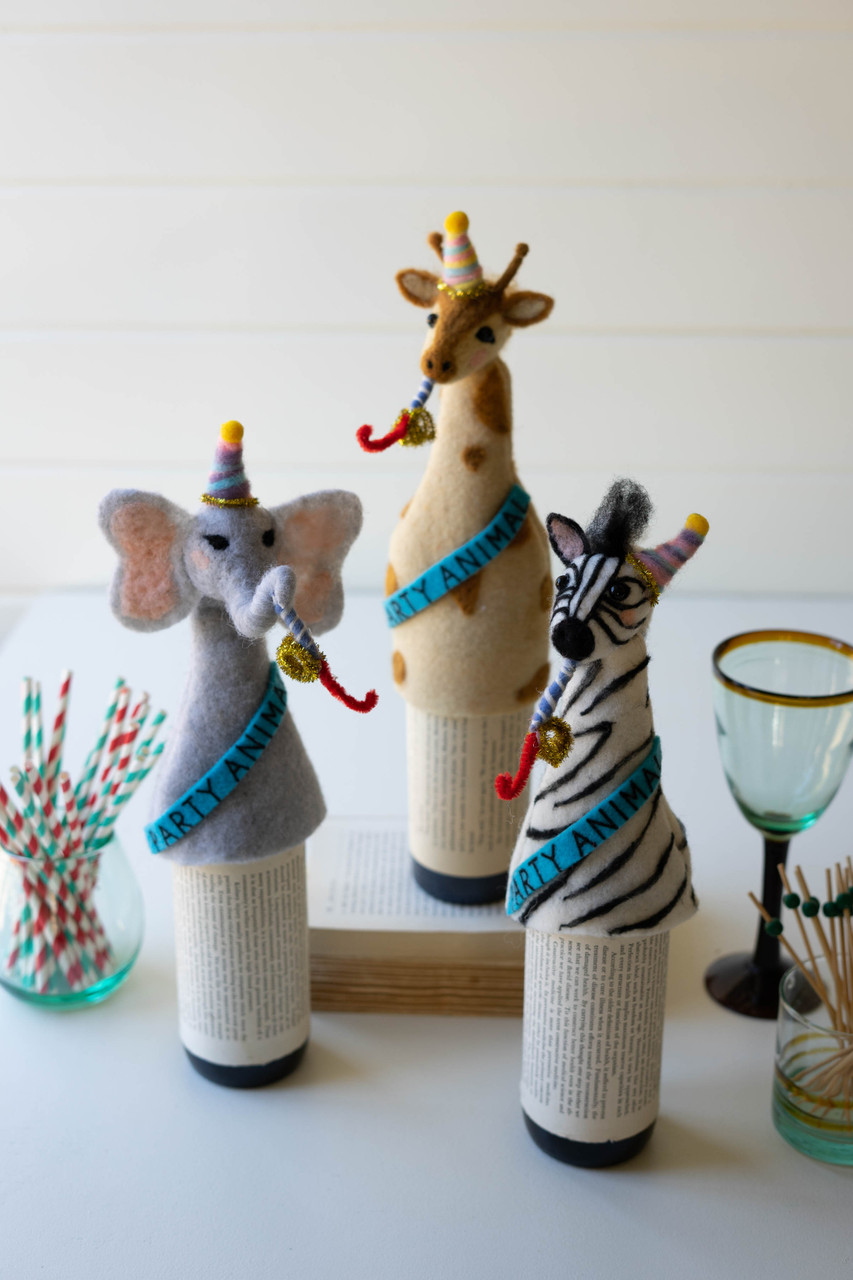 KALALOU CHB2365 Set Of Three Felt Party Animal Bottle Toppers - One Each Design