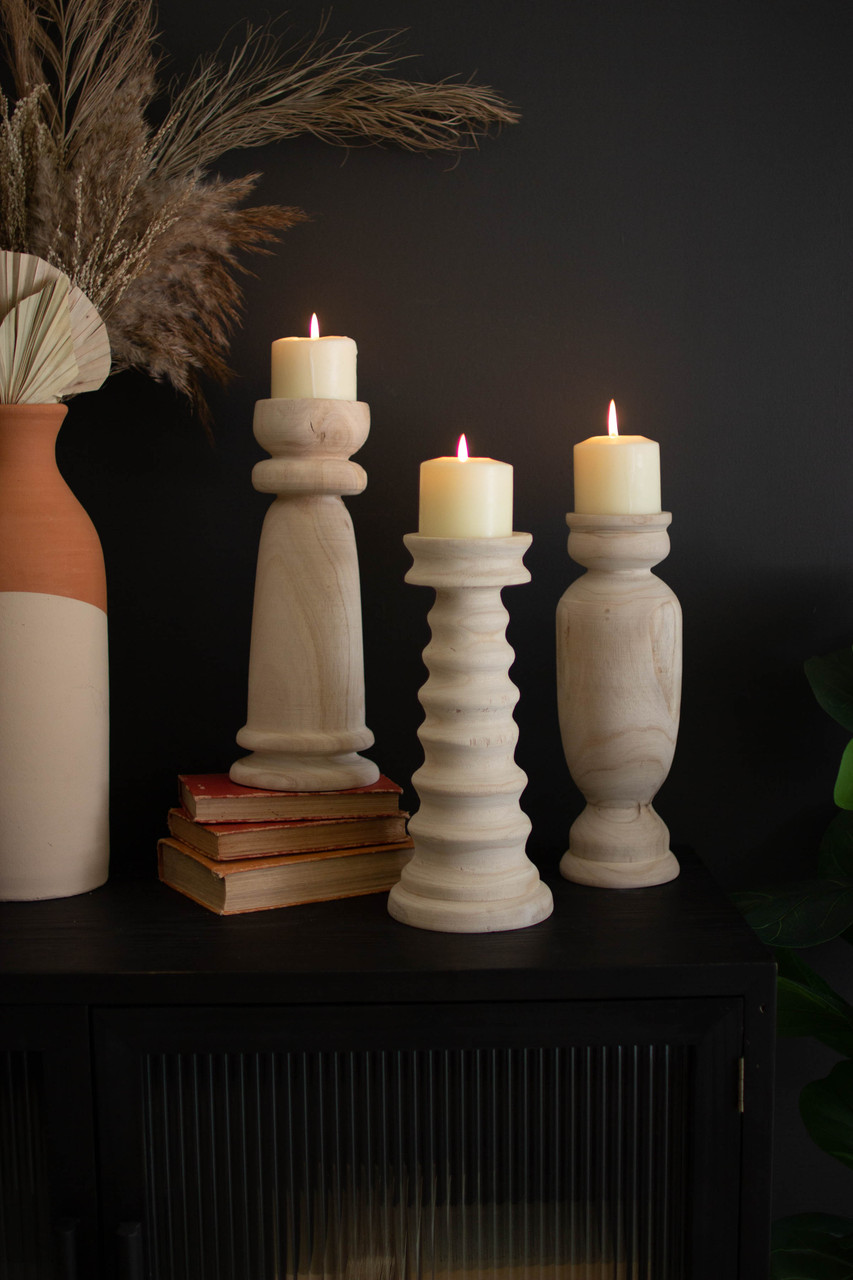 KALALOU CMH1092 Set Of Three Turned Wooden Candle Holders