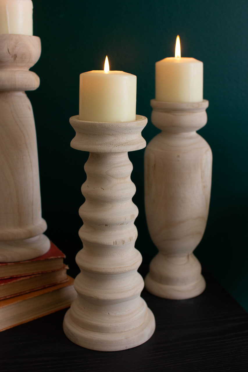 KALALOU CMH1092 Set Of Three Turned Wooden Candle Holders