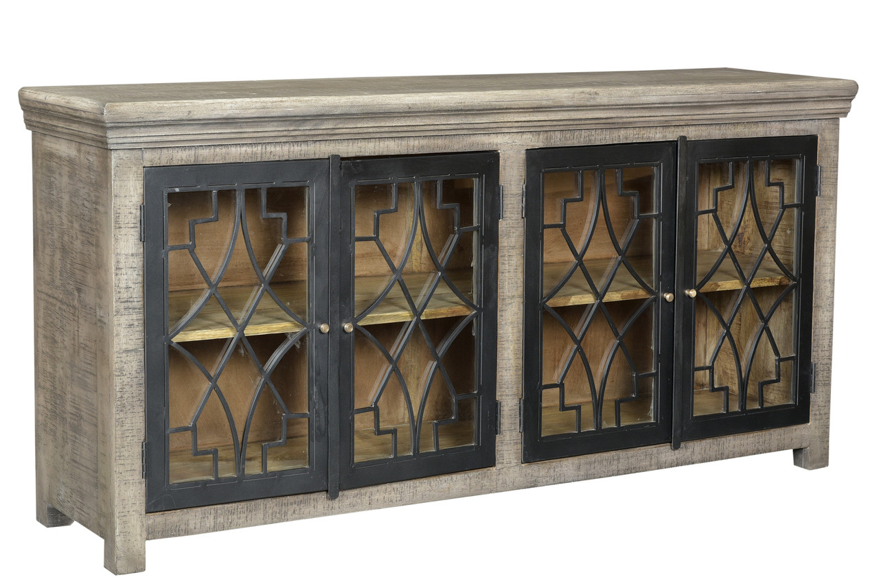CRESTVIEW COLLECTION CVFNR699 Bengal Manor Mango Wood 4 Metal Door Sideboard in Parkview Grey Finish