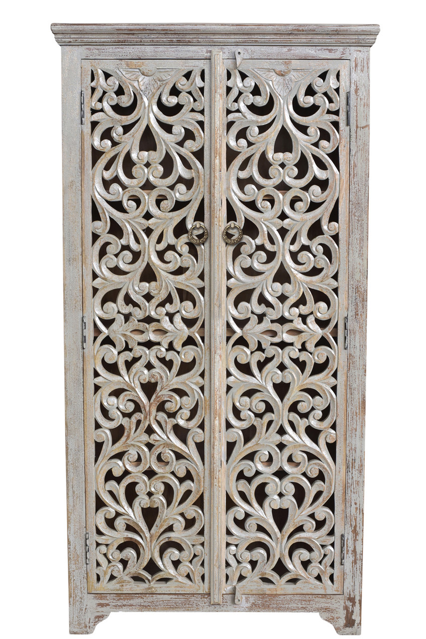 CRESTVIEW COLLECTION CVFNR353 Bengal Manor Mango Wood Hand Carved Open Design 2 Door Tall Cabinet