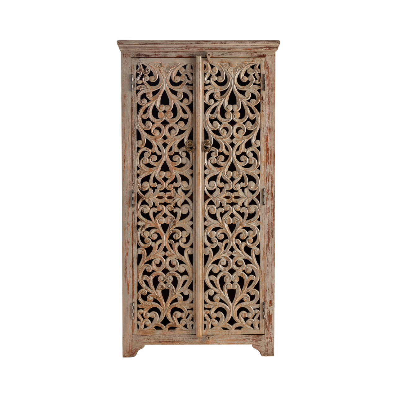 CRESTVIEW COLLECTION CVFNR353 Bengal Manor Mango Wood Hand Carved Open Design 2 Door Tall Cabinet