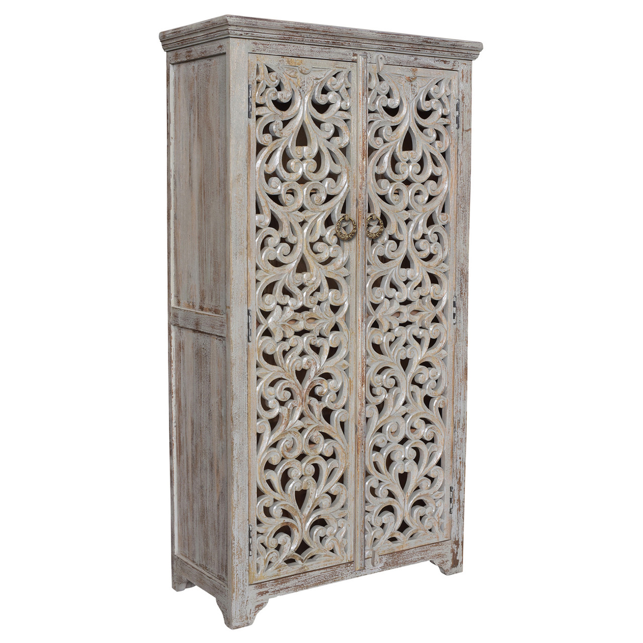 CRESTVIEW COLLECTION CVFNR353 Bengal Manor Mango Wood Hand Carved Open Design 2 Door Tall Cabinet