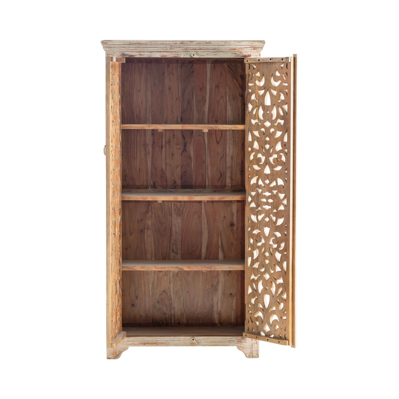 CRESTVIEW COLLECTION CVFNR353 Bengal Manor Mango Wood Hand Carved Open Design 2 Door Tall Cabinet