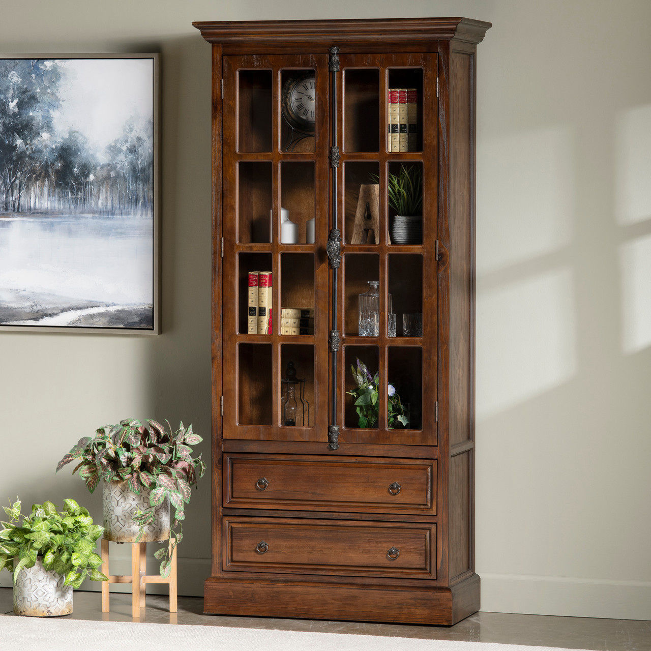 CRESTVIEW COLLECTION CVFVR8005 Hawthorne Estate 2 Drawer 2 Glass Door Curio Cabinet