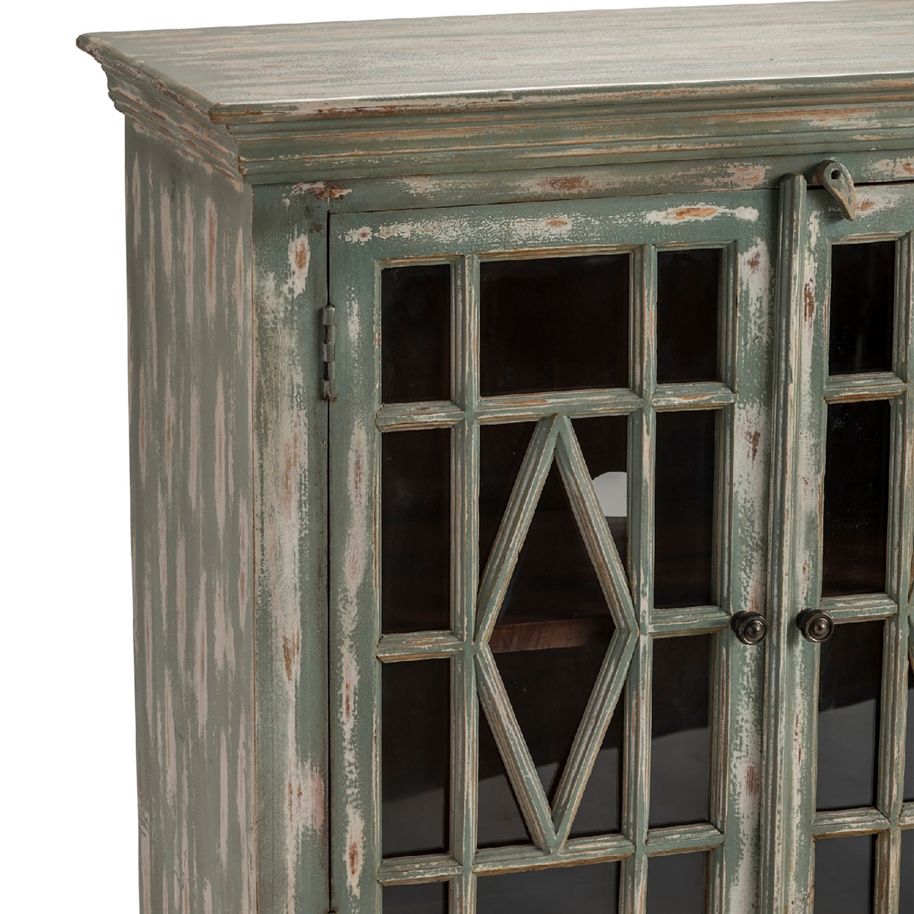 CRESTVIEW COLLECTION CVFNR417 Bengal Manor Mango Wood 4 Glass Door Distressed Grey Sideboard