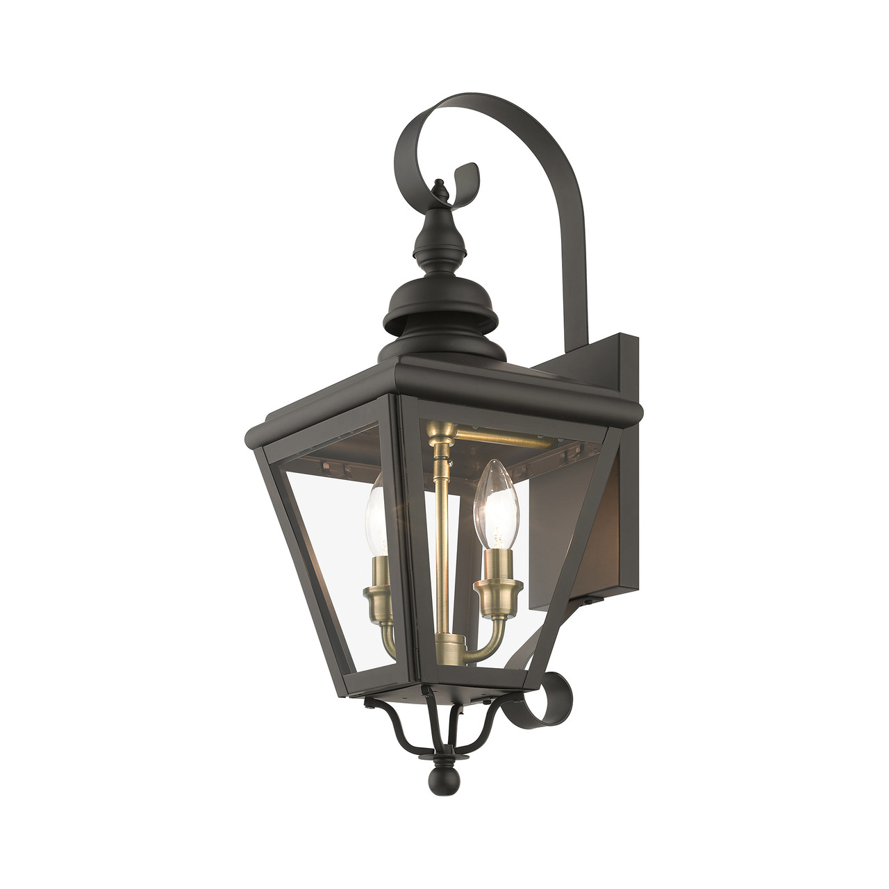 LIVEX LIGHTING 27372-07 2 Light Bronze Outdoor Medium Wall Lantern with Antique Brass Finish Cluster