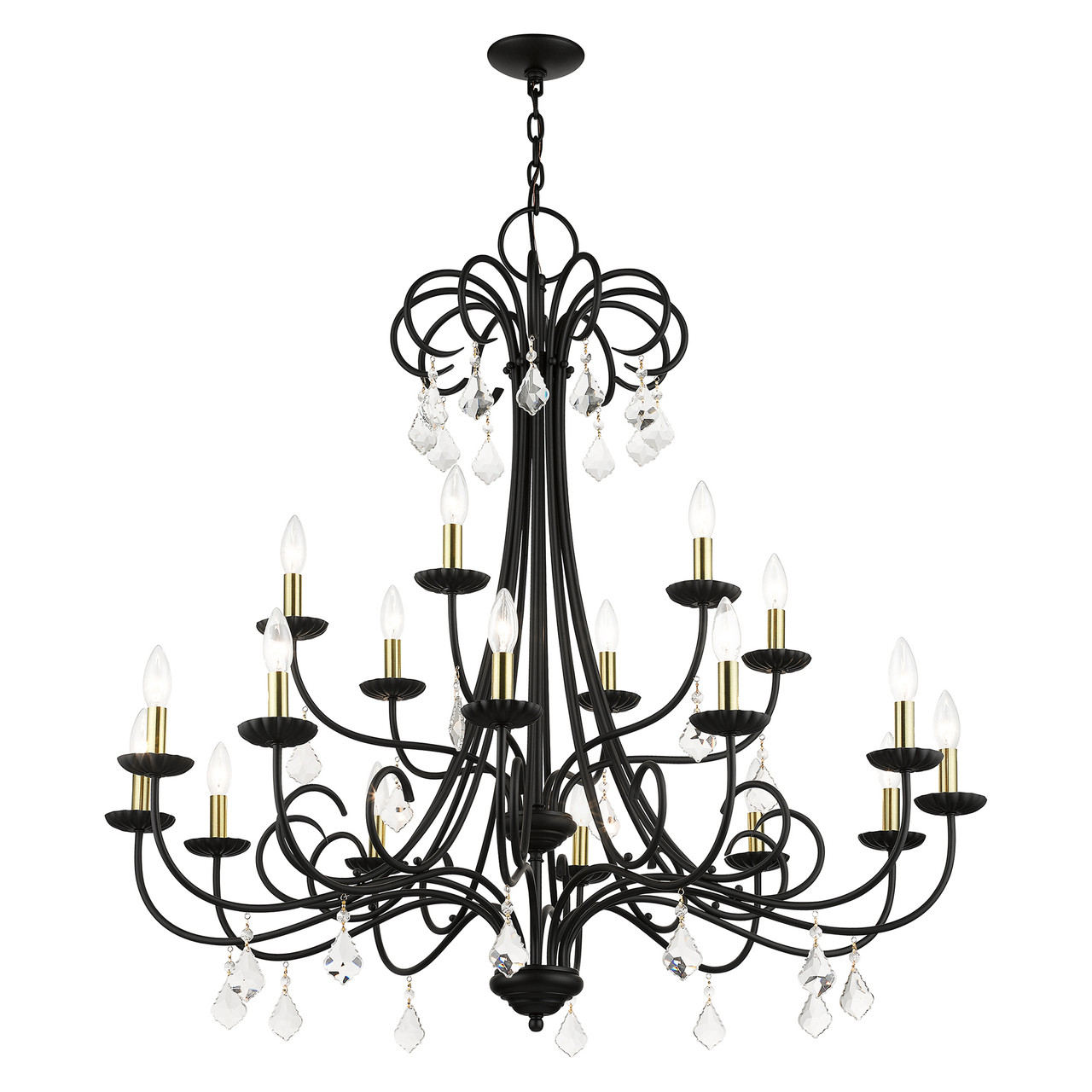 LIVEX LIGHTING 40870-04 18 Light Black Extra Large Chandelier with Antique Brass Finish Accents and Clear Crystals