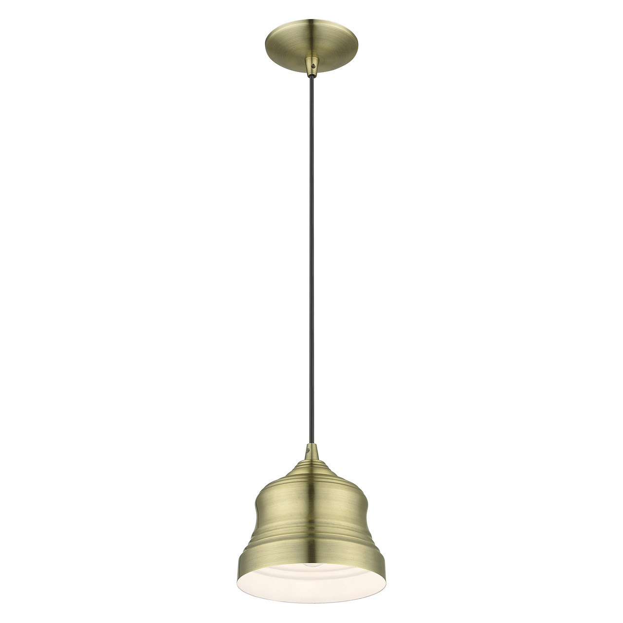 LIVEX LIGHTING 55901-01 1 Light Antique Brass Mini Bell Pendant with Shiny White Finish Inside
