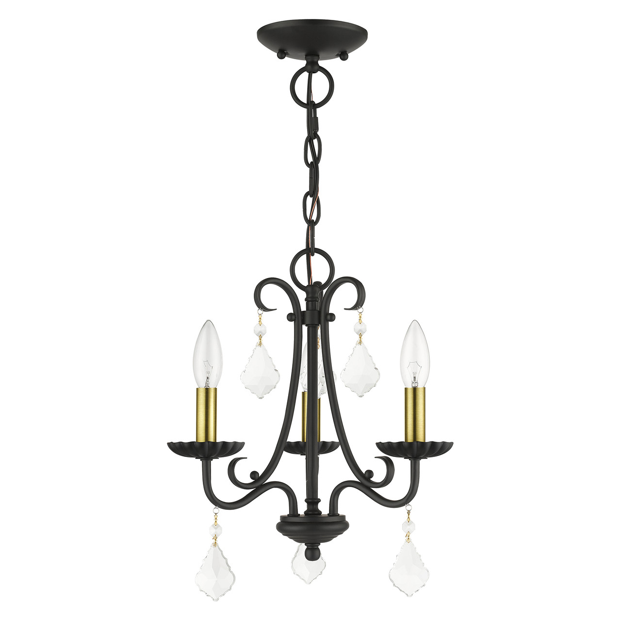 LIVEX LIGHTING 40873-04 3 Light Black Mini Chandelier with Antique Brass Finish Accents and Clear Crystals