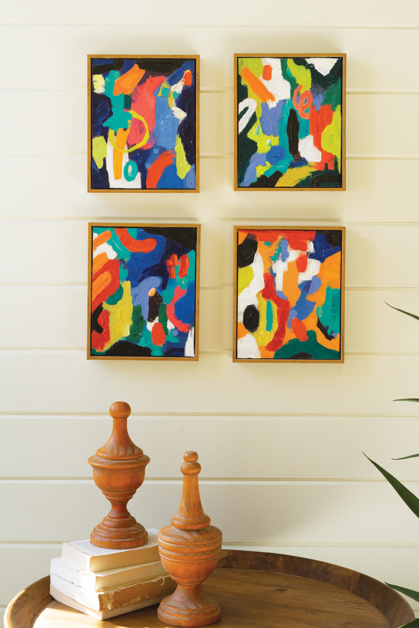 KALALOU CAR1732 SET OF FOUR FRAMED COLORFUL ABSTRACT OIL PAINTINGS