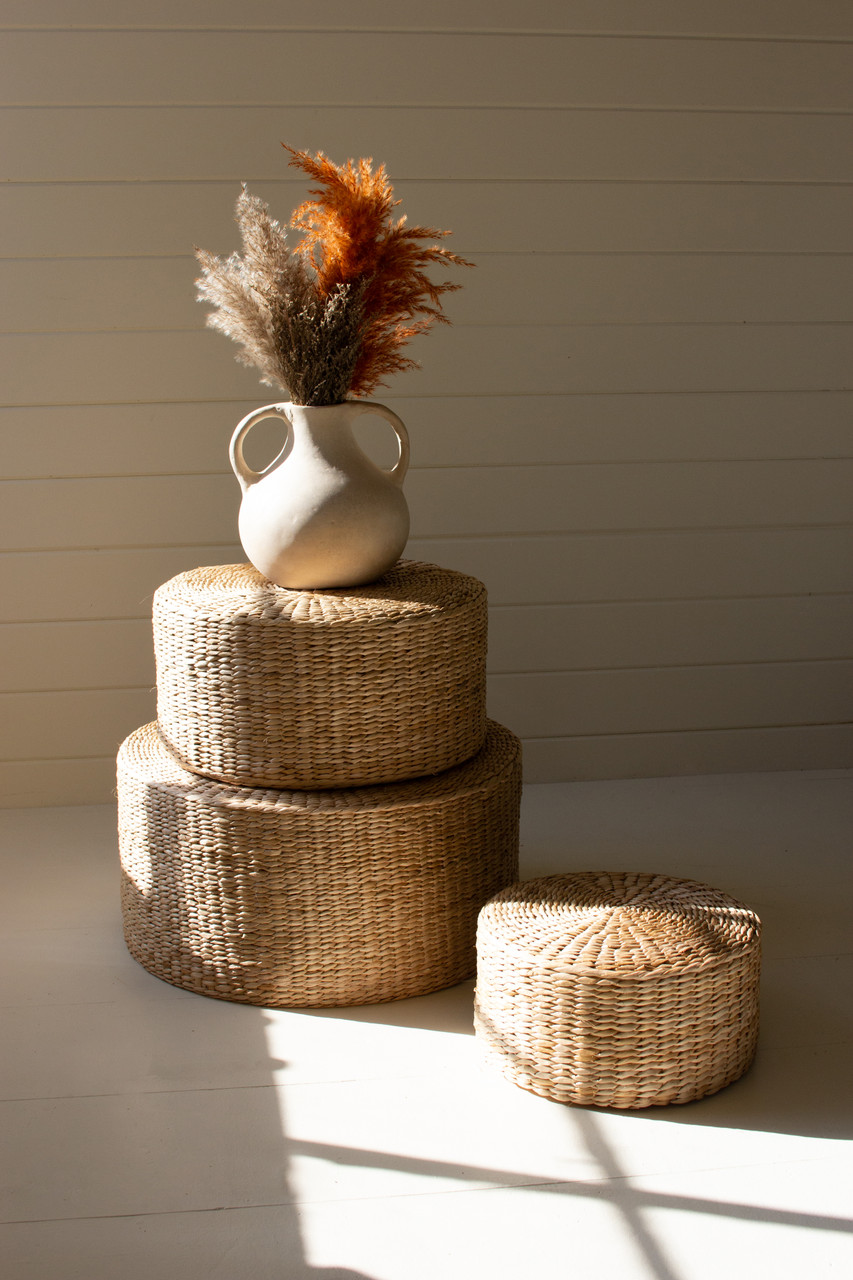 KALALOU CCH1238 SET OF THREE ROUND NATURAL SEAGRASS STOOLS