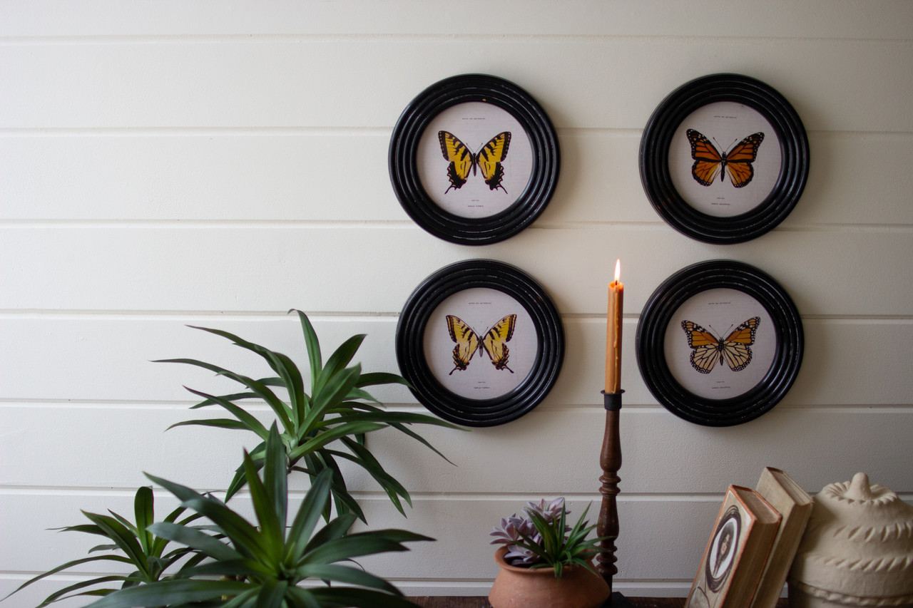 KALALOU CHH1505 SET OF FOUR ROUND FRAMED BUTTERFLY PRINTS UNDER GLASS