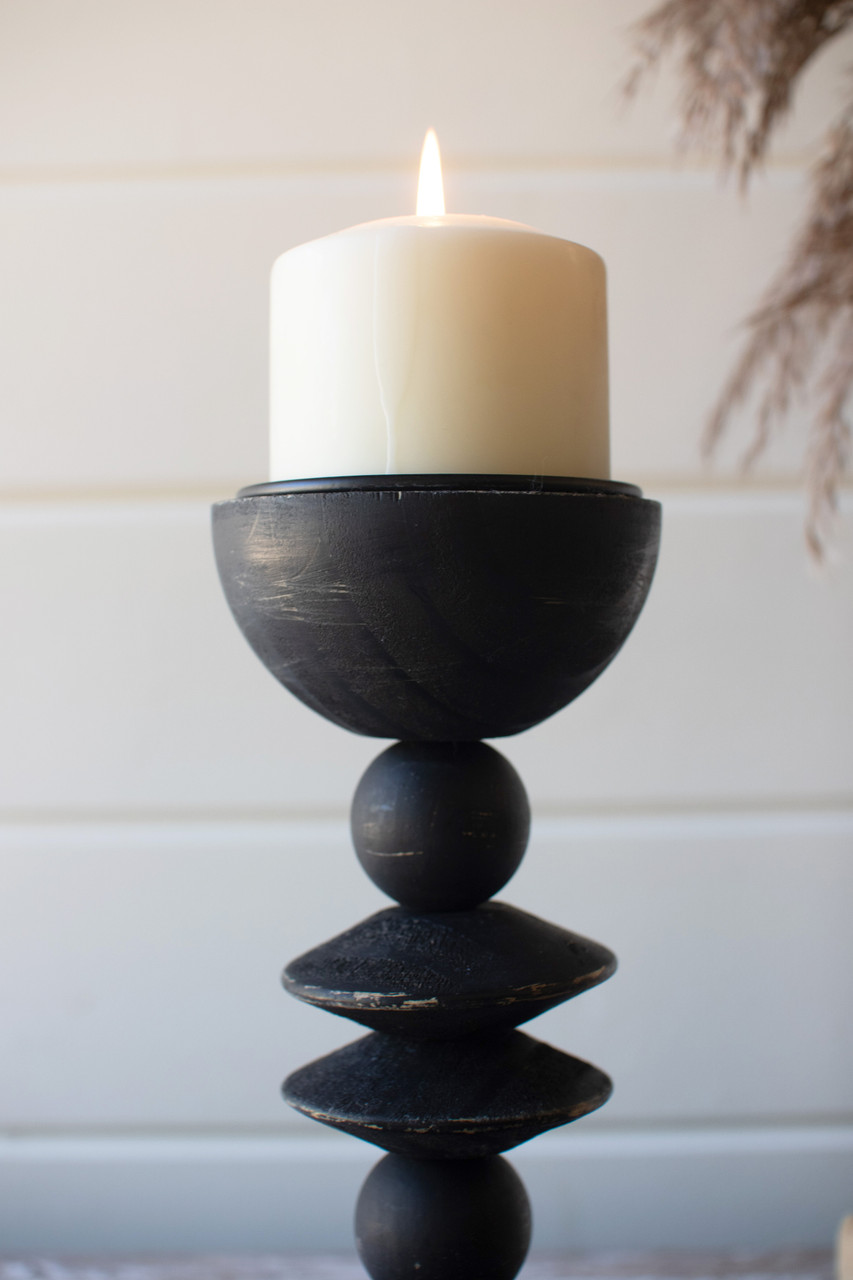 KALALOU CVY1429 SET OF THREE TURNED WOOD CANDLE HOLDERS - BLACK