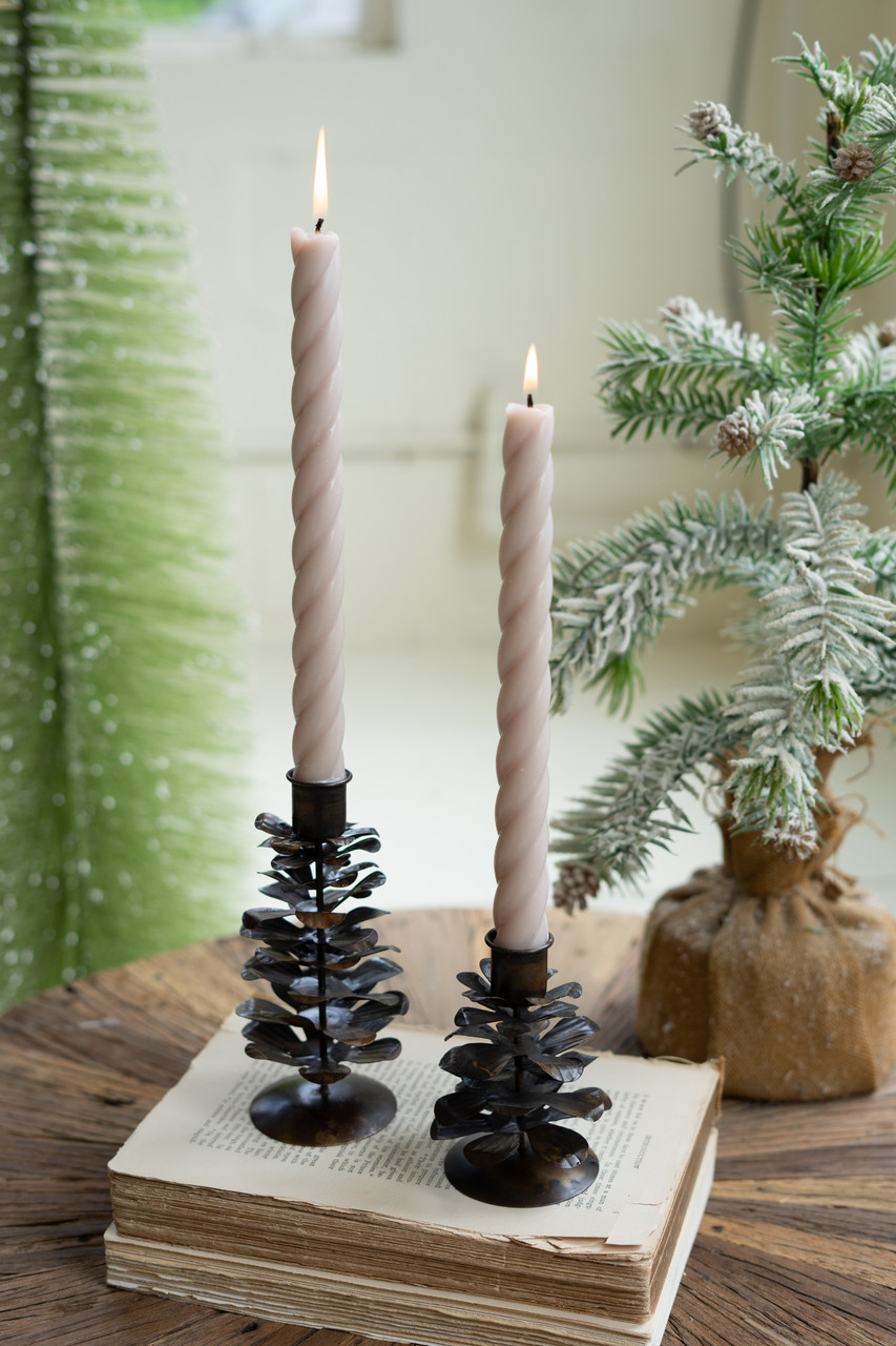 KALALOU NDE1518 SET OF TWO METAL PINE CONE TAPER HOLDERS - ANTIQUE BROWN