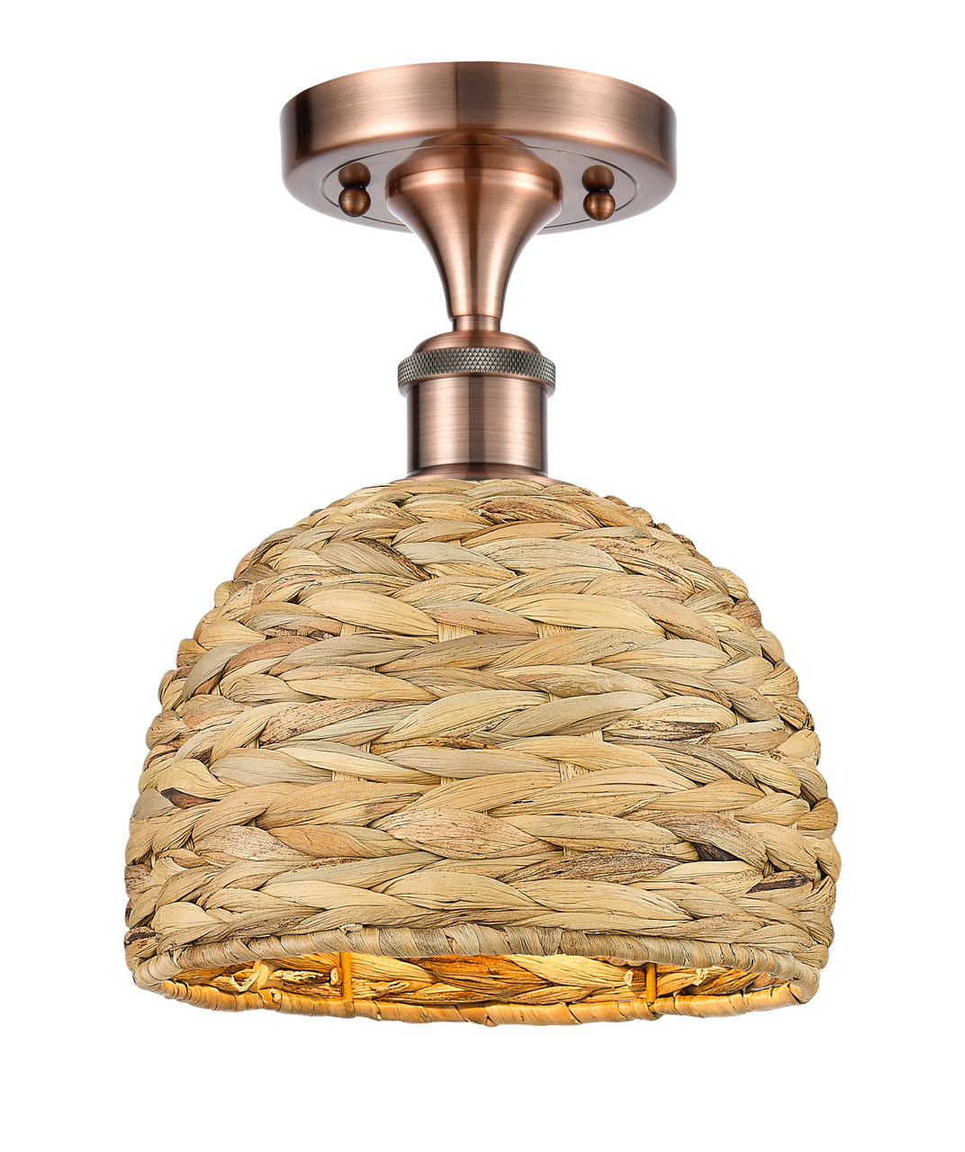 INNOVATIONS 516-1C-AC-RBD-8-NAT Woven Rattan 1 8 inch Semi-Flush Mount Antique Copper