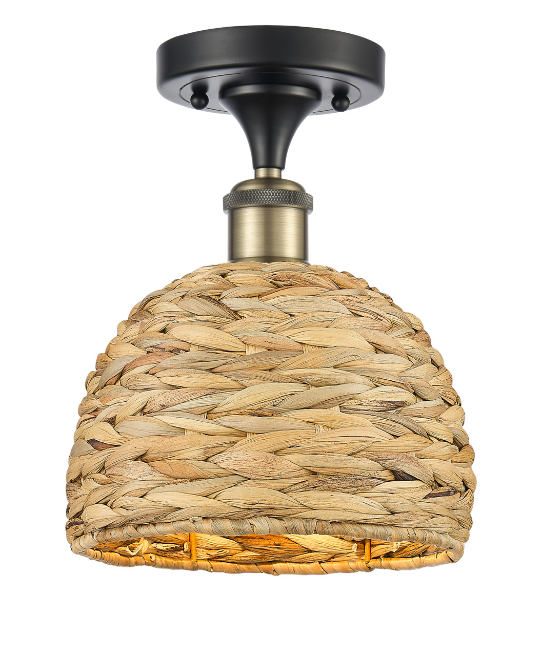 INNOVATIONS 516-1C-BAB-RBD-8-NAT Woven Rattan 1 8 inch Semi-Flush Mount Black Antique Brass