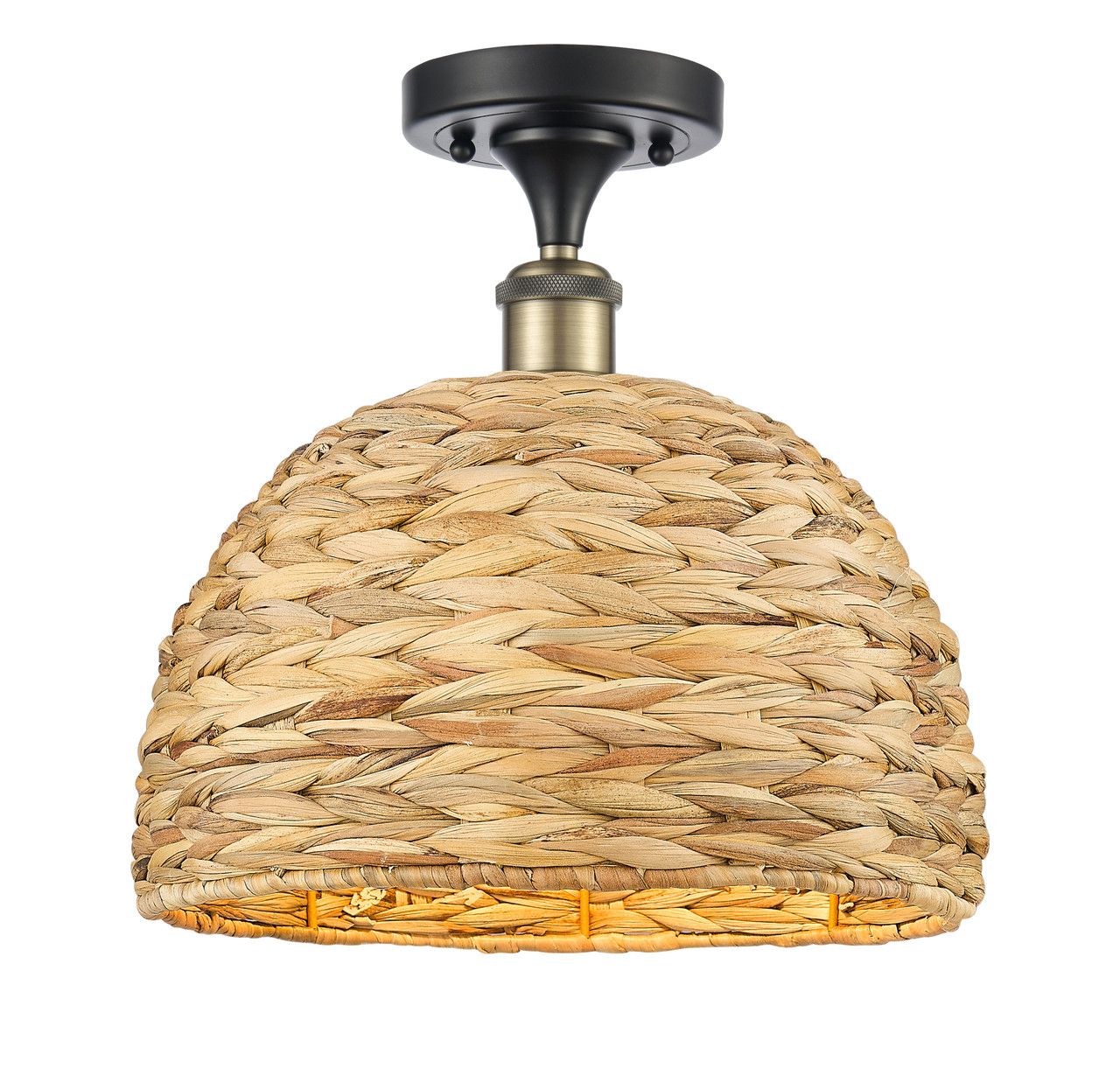 INNOVATIONS 516-1C-BAB-RBD-12-NAT Woven Rattan 1 12 inch Semi-Flush Mount Black Antique Brass