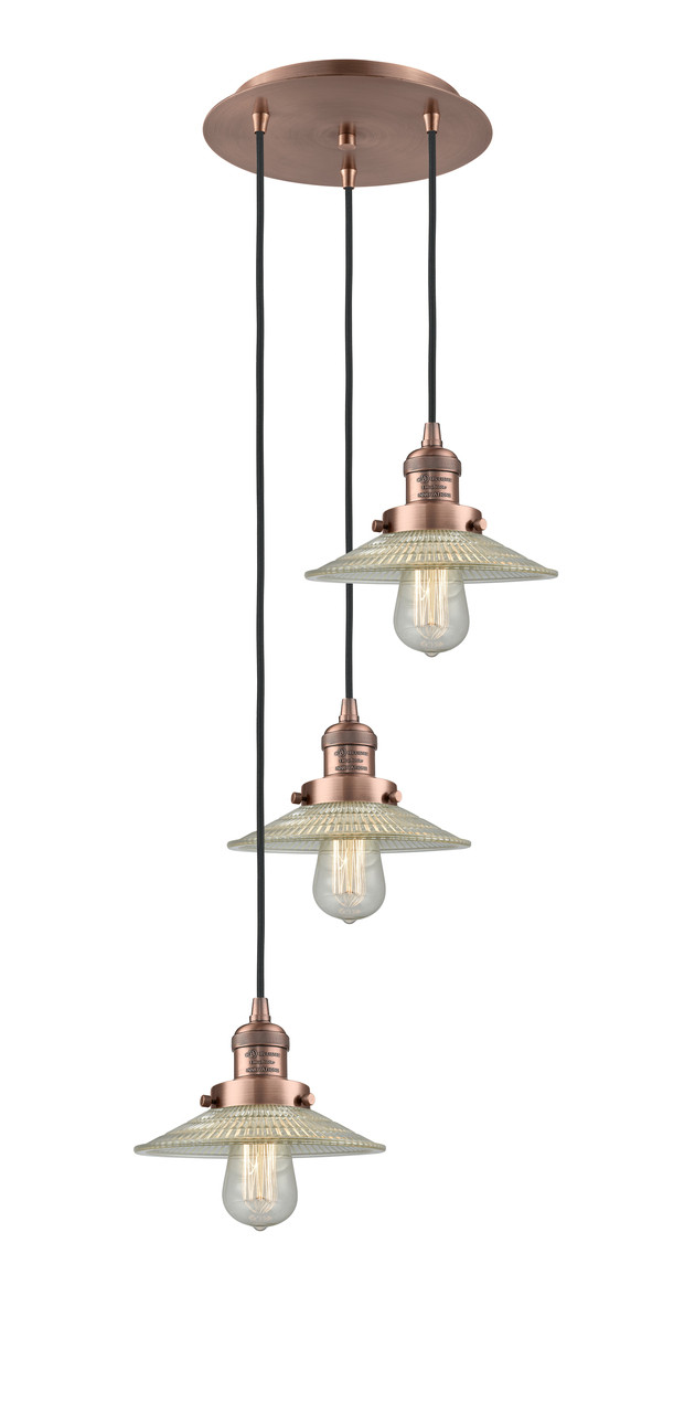 INNOVATIONS 113F-3P-AC-G2 Halophane 3 Light Multi-Pendant part of the Franklin Restoration Collection Antique Copper