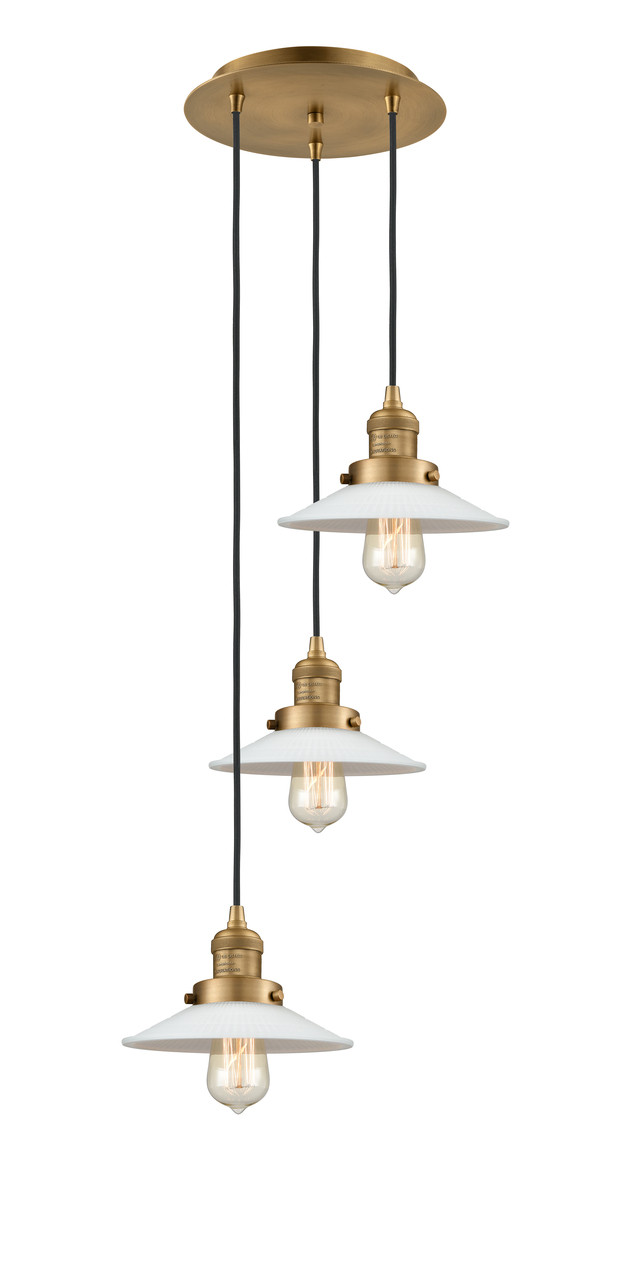 INNOVATIONS 113F-3P-BB-G1 Halophane 3 Light Multi-Pendant part of the Franklin Restoration Collection Brushed Brass