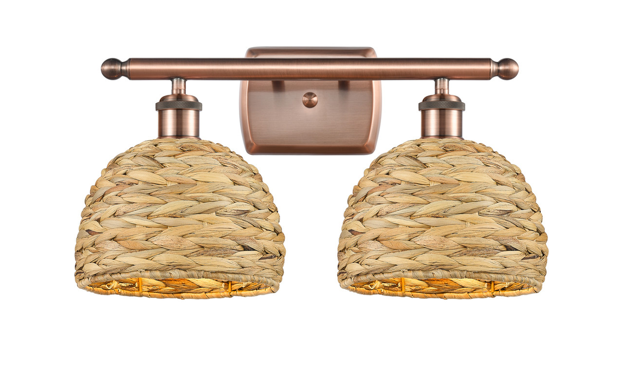 INNOVATIONS 516-2W-AC-RBD-8-NAT Woven Rattan 2 18 inch Bath Vanity Light Antique Copper