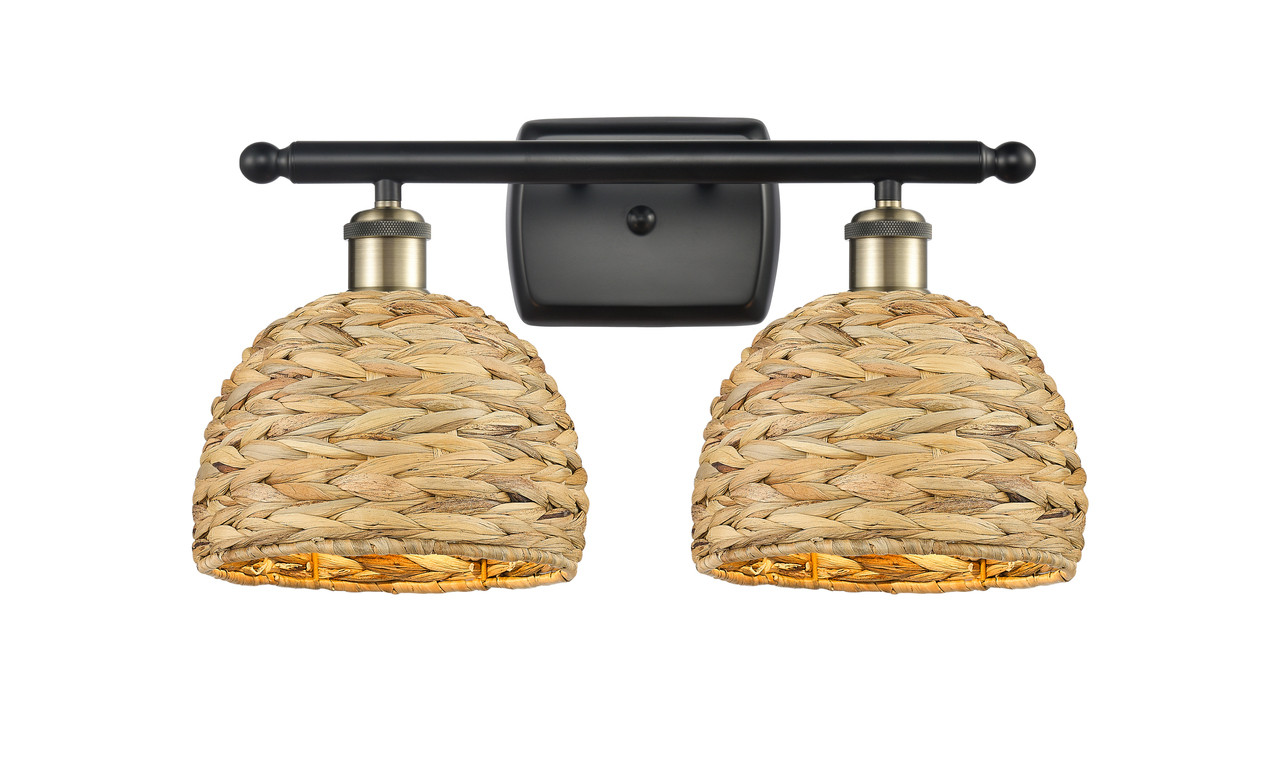 INNOVATIONS 516-2W-BAB-RBD-8-NAT Woven Rattan 2 18 inch Bath Vanity Light Black Antique Brass