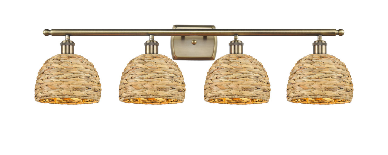 INNOVATIONS 516-4W-AB-RBD-8-NAT Woven Rattan 4 38 inch Bath Vanity Light Antique Brass