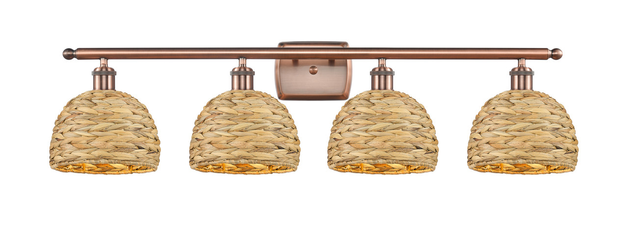 INNOVATIONS 516-4W-AC-RBD-8-NAT Woven Rattan 4 38 inch Bath Vanity Light Antique Copper