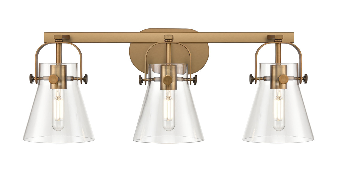 INNOVATIONS 423-3W-BB-G411-6CL Pilaster II Cone 3 27 inch Bath Vanity Light Brushed Brass