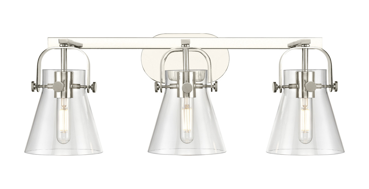 INNOVATIONS 423-3W-PN-G411-6CL Pilaster II Cone 3 27 inch Bath Vanity Light Polished Nickel