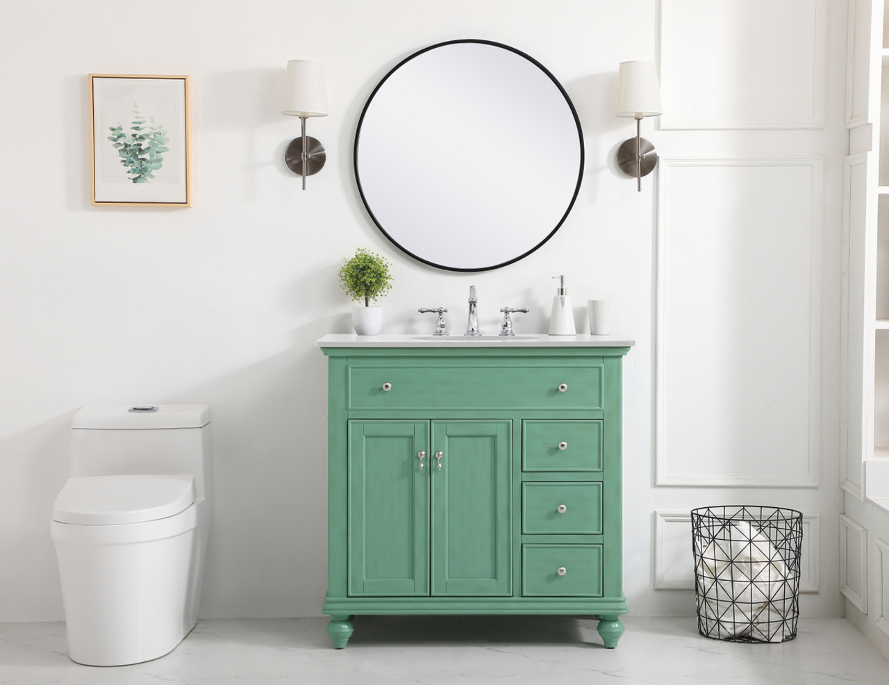 Elegant Kitchen and Bath VF12336VM-VW 36 inch Single Bathroom vanity in vintage mint with ivory white engineered marble