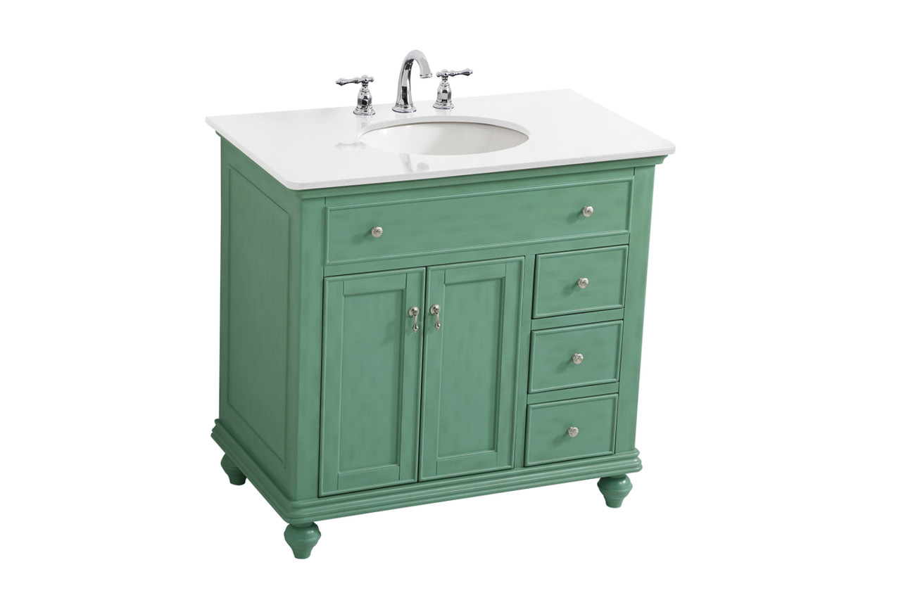 Elegant Kitchen and Bath VF12336VM-VW 36 inch Single Bathroom vanity in vintage mint with ivory white engineered marble