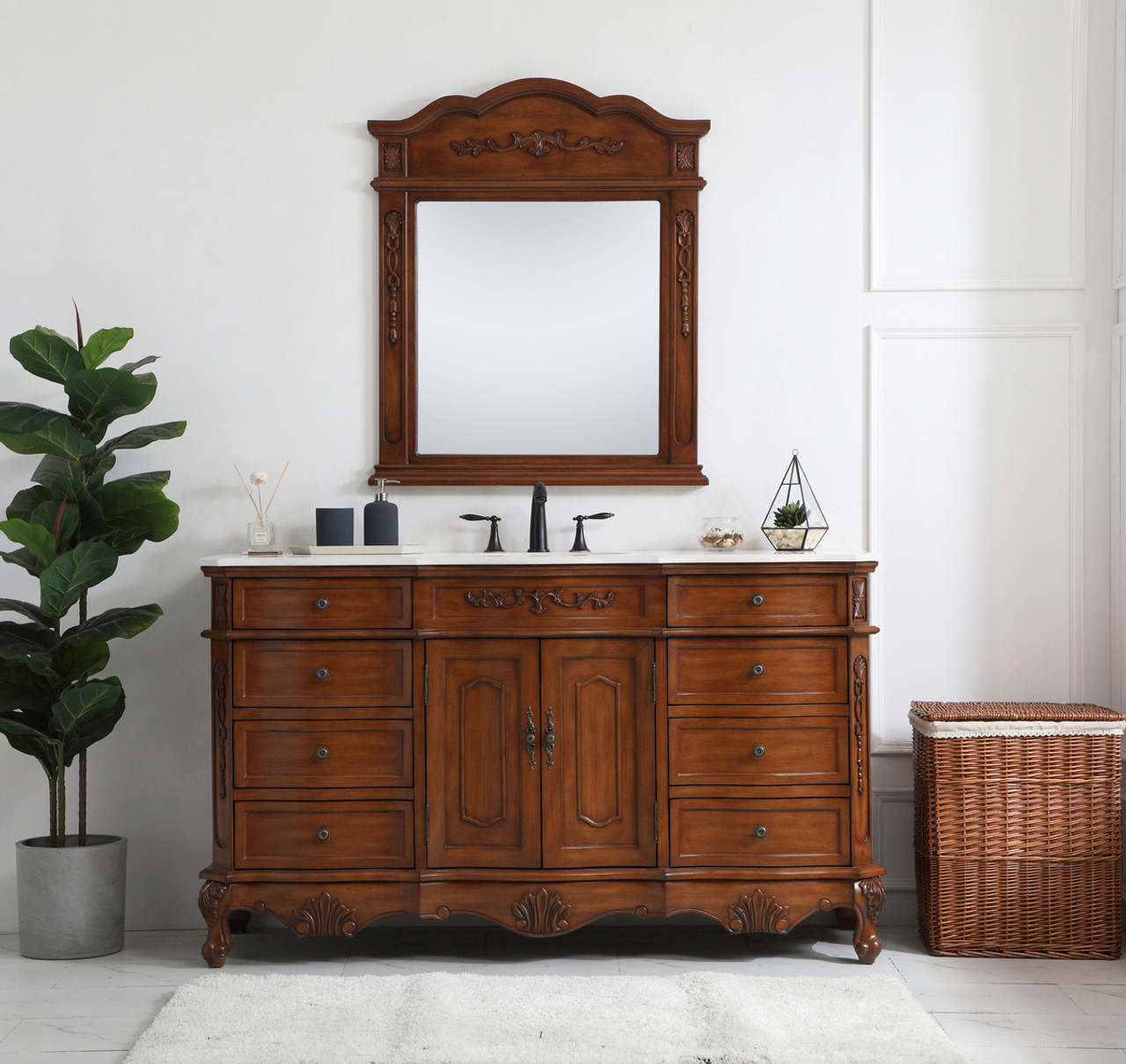 Elegant Kitchen and Bath VF10160TK-VW 60 inch Single Bathroom vanity in Teak with ivory white engineered marble