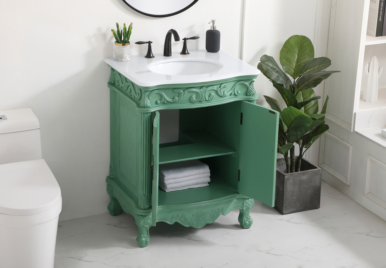 Elegant Kitchen and Bath VF-1008VM-VW 27 inch Single Bathroom vanity in vintage mint with ivory white engineered marble