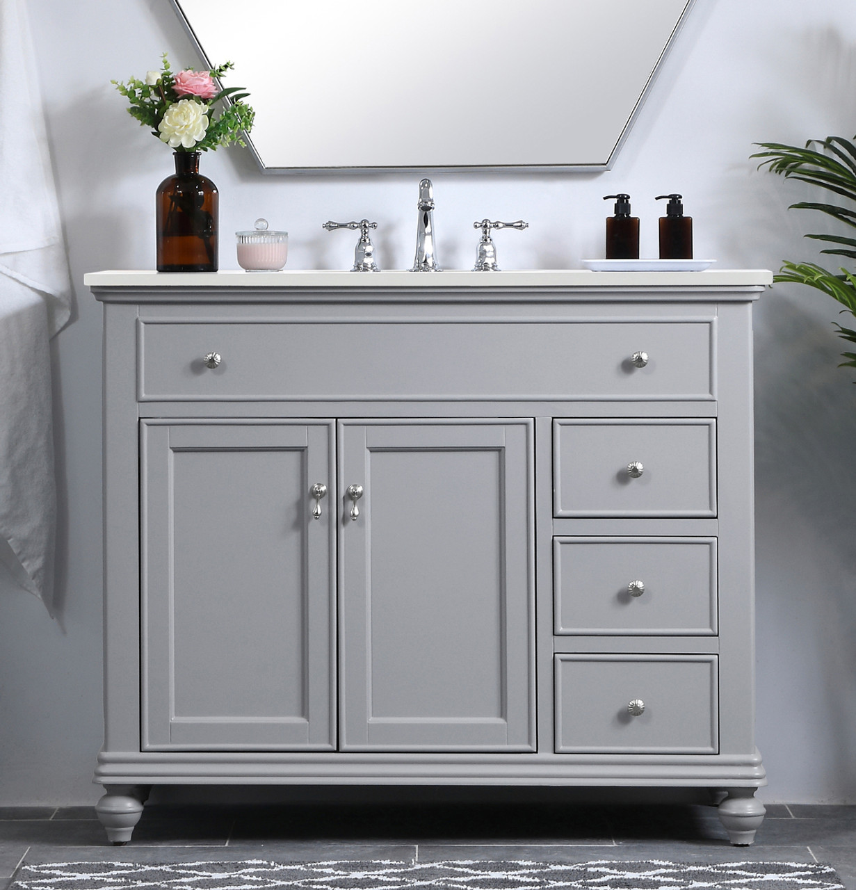 Elegant Kitchen and Bath VF12342GR-VW 42 inch Single Bathroom vanity in light grey with ivory white engineered marble