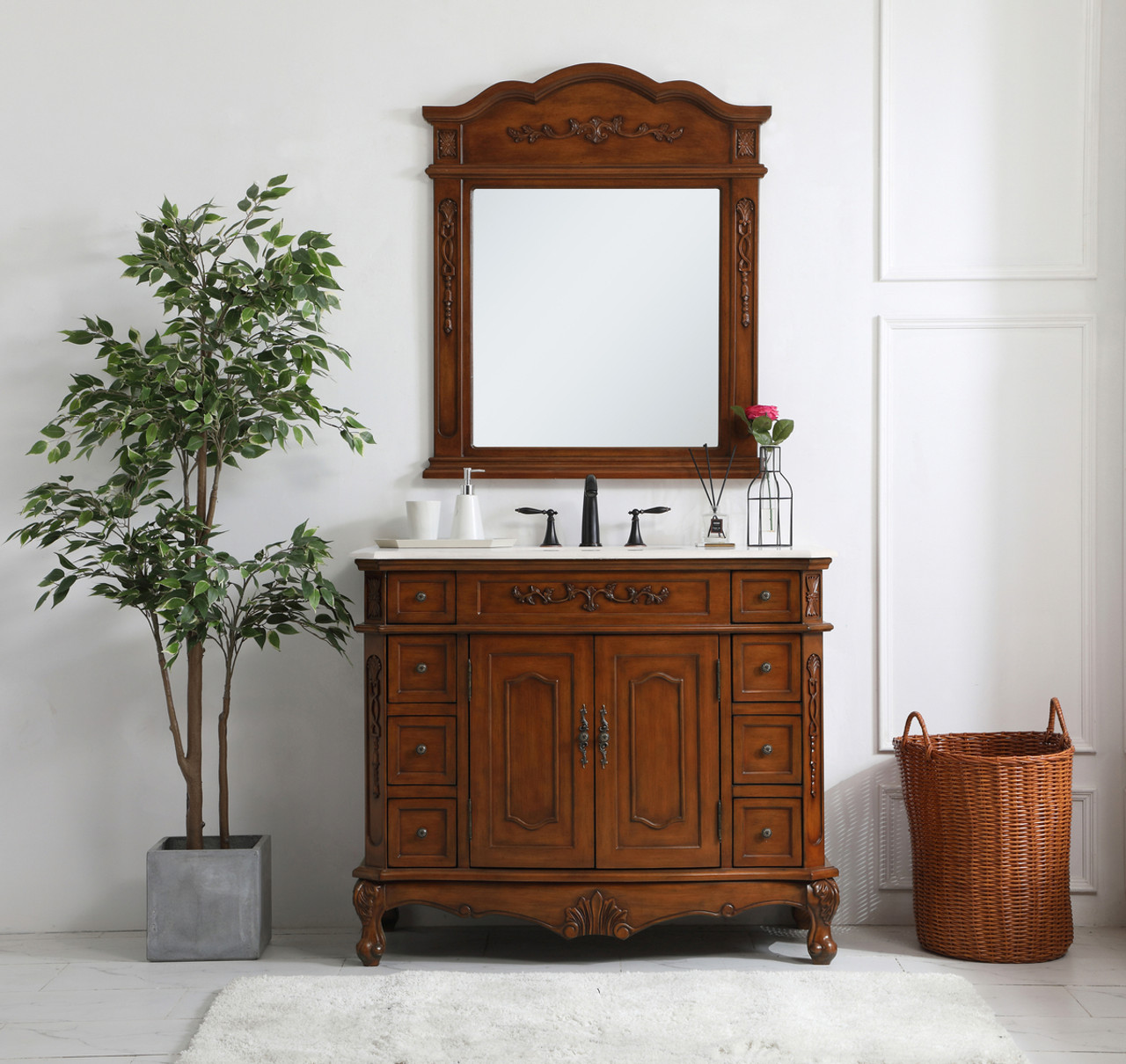 Elegant Kitchen and Bath VF10142TK-VW 42 inch Single Bathroom vanity in Teak with ivory white engineered marble