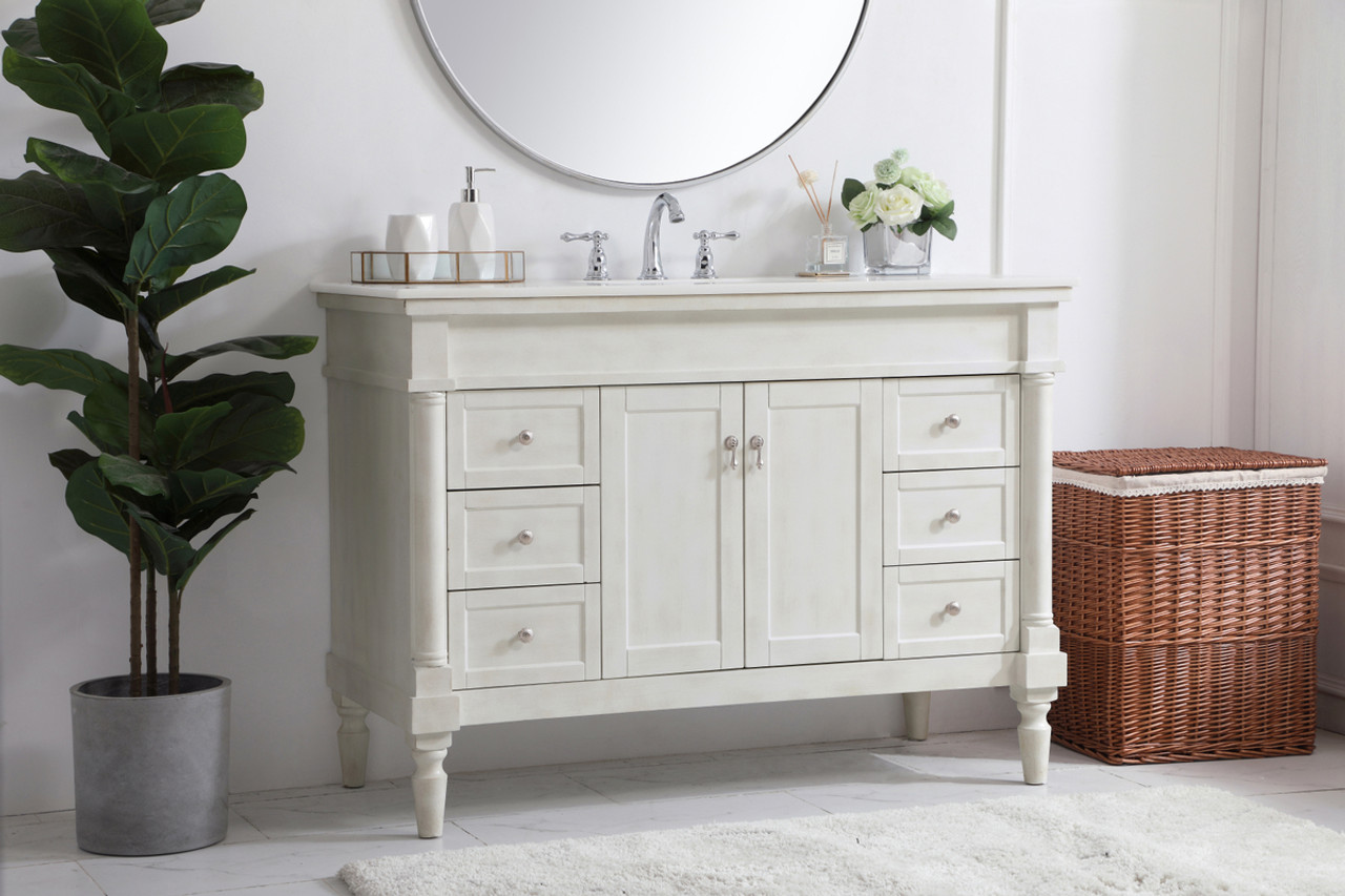 Elegant Kitchen and Bath VF13048AW-VW 48 inch Single Bathroom vanity in Antique White with ivory white engineered marble