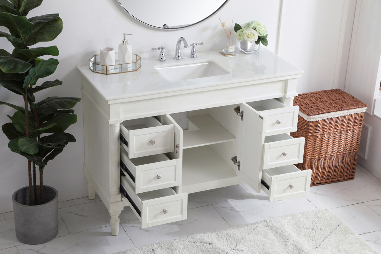 Elegant Kitchen and Bath VF13048AW-VW 48 inch Single Bathroom vanity in Antique White with ivory white engineered marble