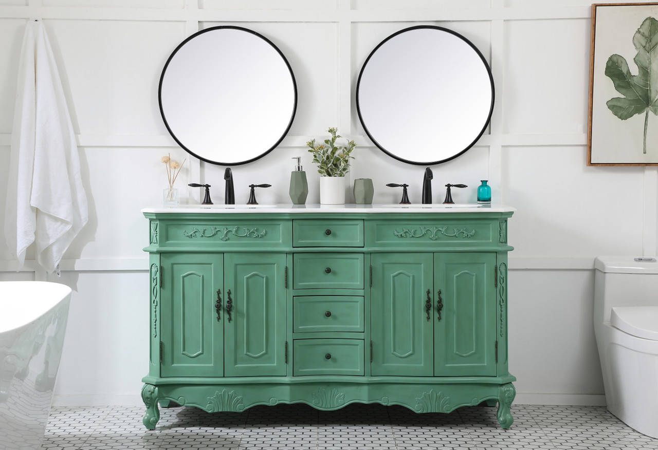 Elegant Kitchen and Bath VF10160DVM-VW 60 inch double Bathroom vanity in vintage mint with ivory white engineered marble