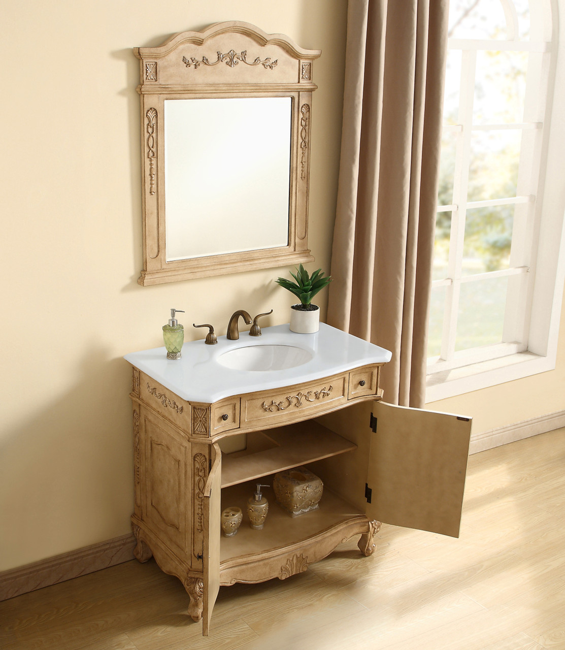 Elegant Kitchen and Bath VF10136AB-VW 36 inch Single Bathroom vanity in Antique Beige with ivory white engineered marble Elegant Kitchen and Bath VF10136AB-VW 36 inch Single Bathroom vanity in Antique Beige with ivory white engineered marble