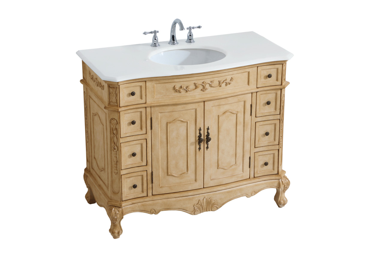Elegant Kitchen and Bath VF10142AB-VW 42 inch Single Bathroom vanity in Light Antique Beige with ivory white engineered marble