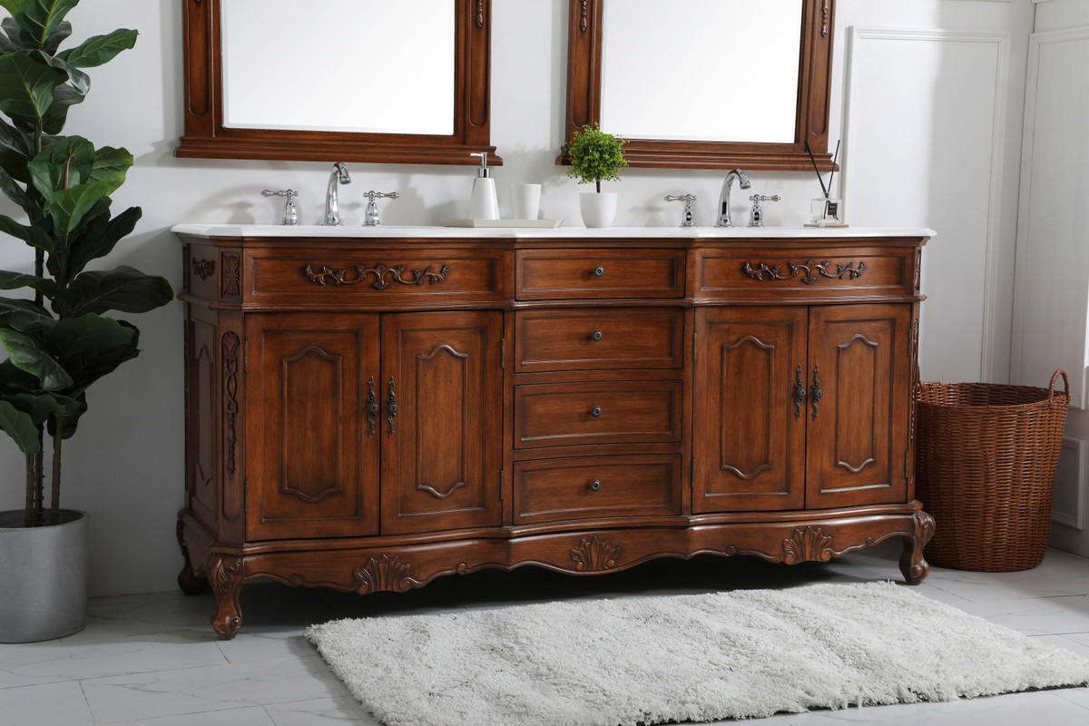Elegant Kitchen and Bath VF10172DTK-VW 72 inch Double Bathroom vanity in Teak with ivory white engineered marble