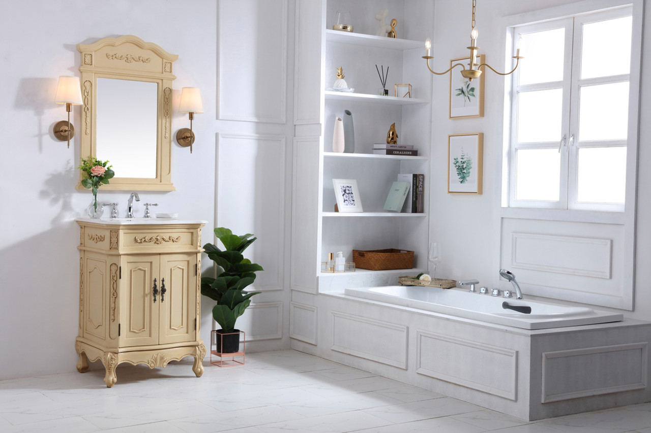 Elegant Kitchen and Bath VF10124LT-VW 24 inch Single Bathroom vanity in light antique beige with ivory white engineered marble