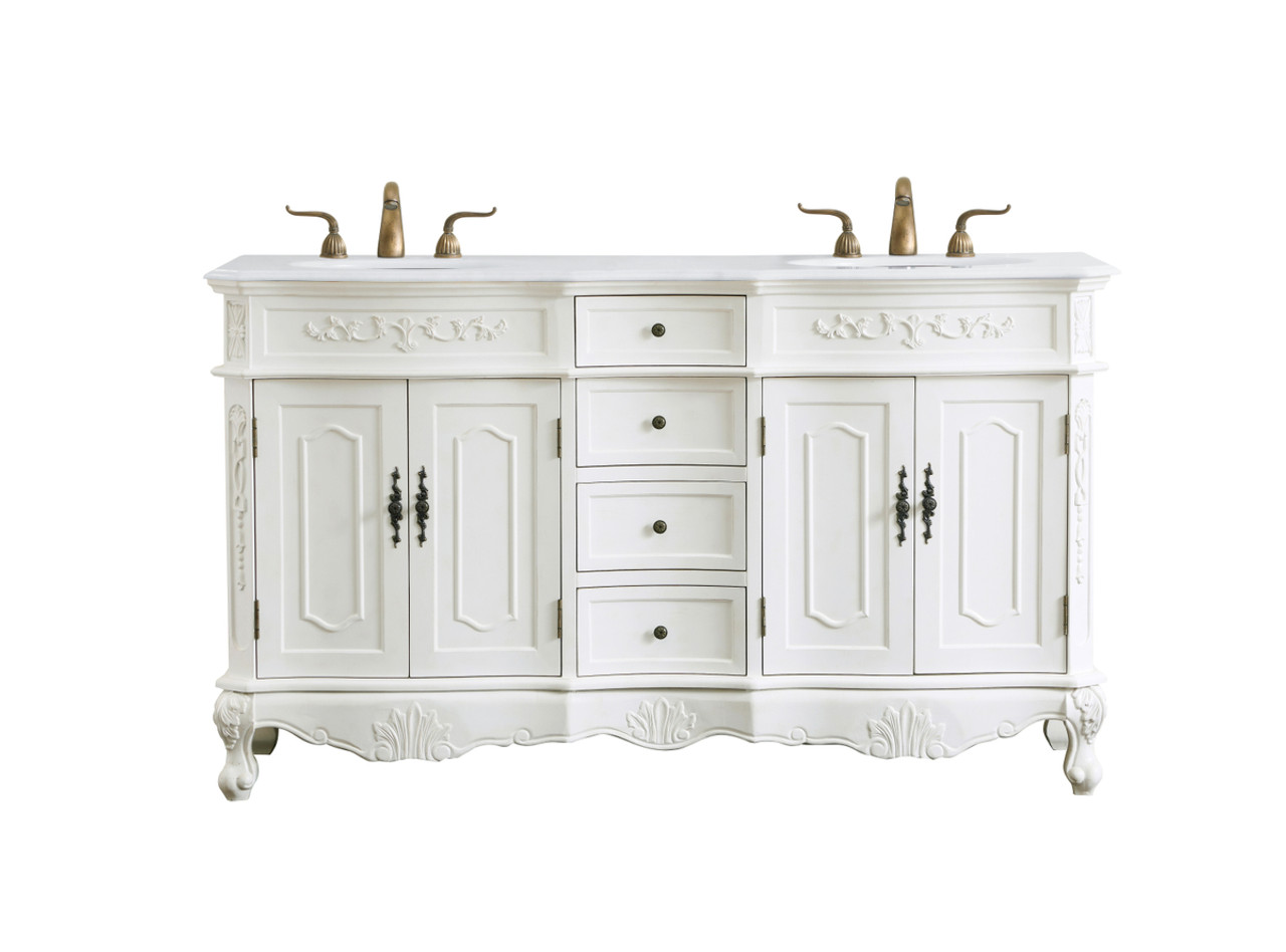 Elegant Kitchen and Bath VF10160DAW-VW 60 inch Double Bathroom vanity in antique white with ivory white engineered marble